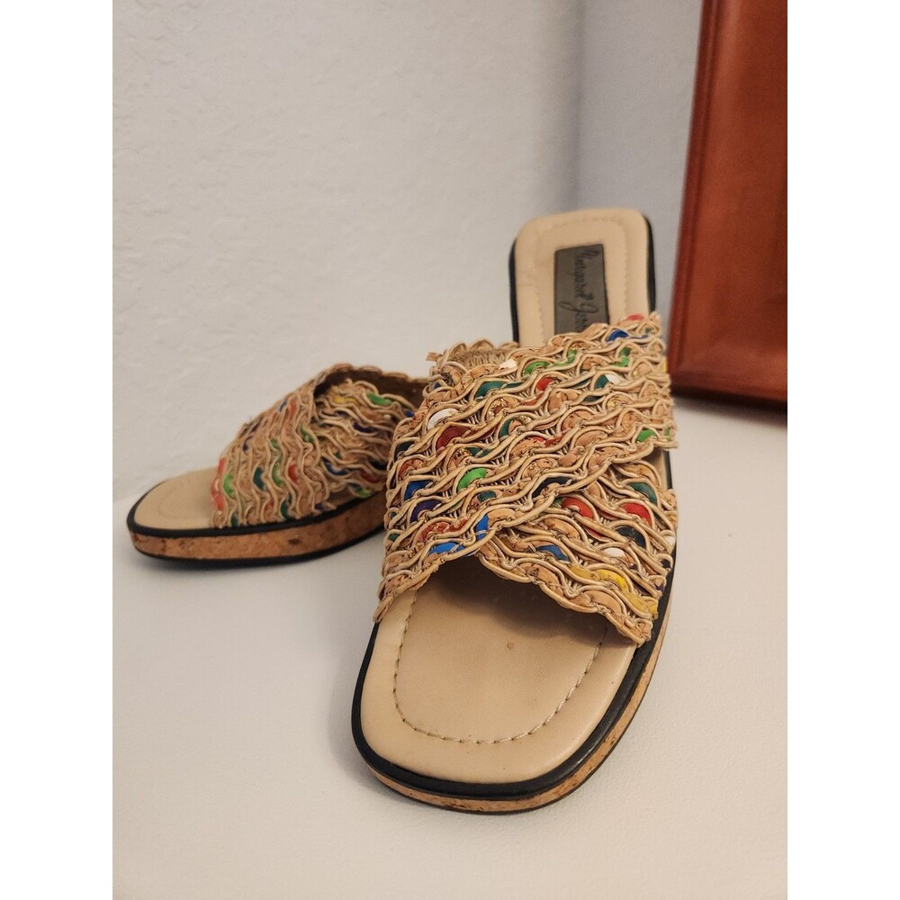 Vintage 80s Margaret Jerrold Made in Spain Woven Raffia Cork Wedge Slide Sandals